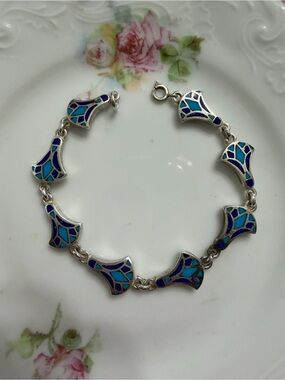 Vintage Sterling Inlaid Lotus Flower Bracelet (Firm)